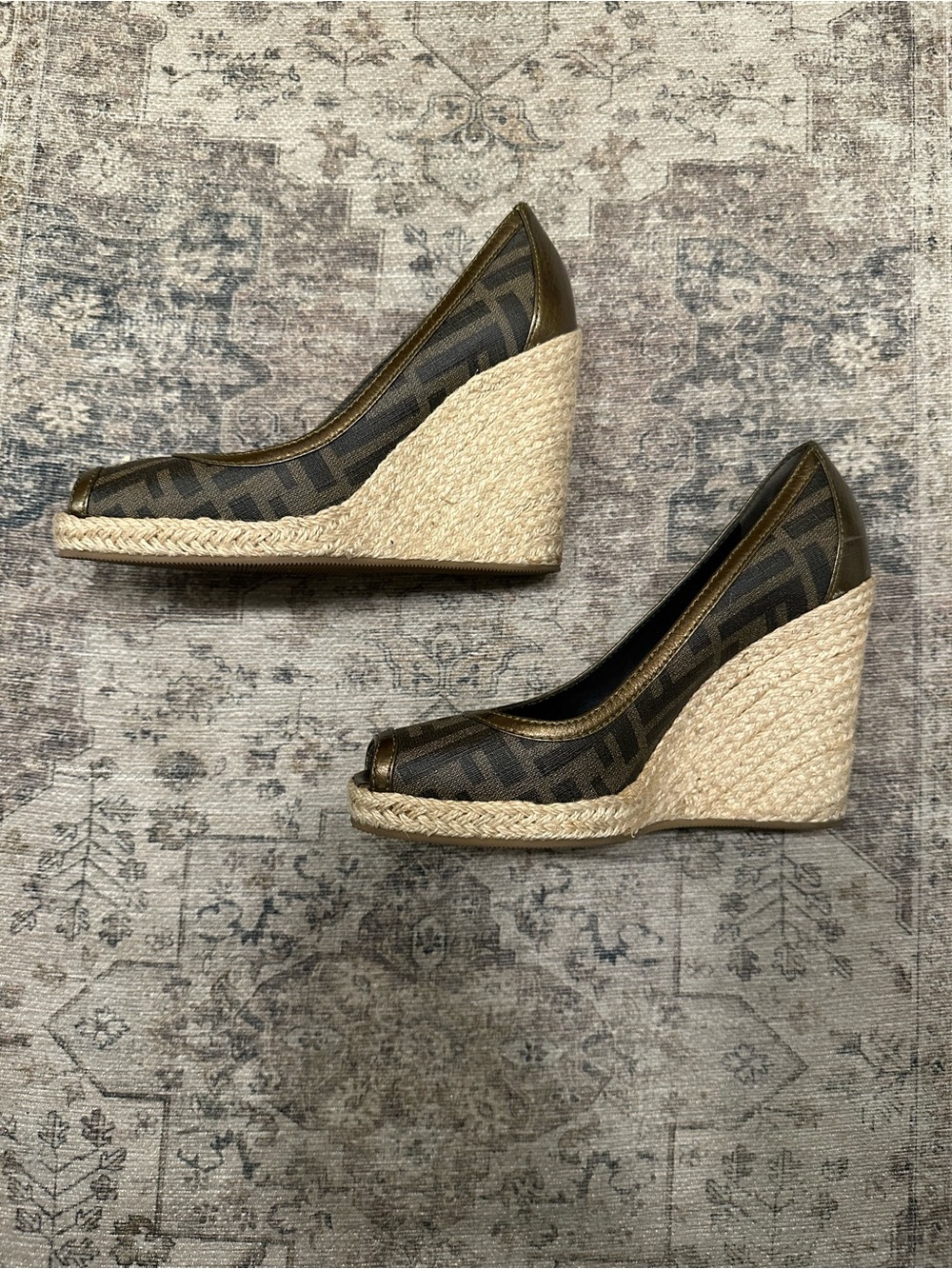 Fendi Brown Monogram Espadrille Wedge Peep-Toe